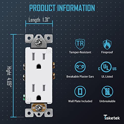 Taketek Decorator Receptacle Outlet With 𝐖𝐚𝐥𝐥 𝐏𝐥𝐚𝐭𝐞, Tamper-Resistant Electrical Outlet, Residential Grade, 3-Wire, 15A 125V, Self-Grounding, 2-Pole, Ul Listed, White (10 Pack) #TOP1