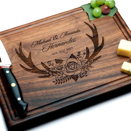Straga Personalized Cutting Boards | Handmade Wood Engraved Charcuterie | Custom Wedding, Anniversary, Housewarming Gift for Couples (Floral Antlers Design No.412)