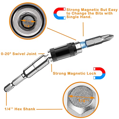 1/4" Pivoting Bit Tip Holder Magnetic Screw Drill Tip Pivot Screwdriver Bit Holder Magnetic Screw Holder Extender Bendable In 20° Angle For Corners Or Tight Spots (Black Silver & Red Silver, 2 Pcs) #TOP4