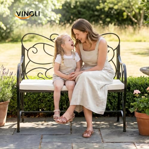 VINGLI Banc de Jardin Décoratif 2 Places en Fer forgé Motif Papillon Noir avec Coussin