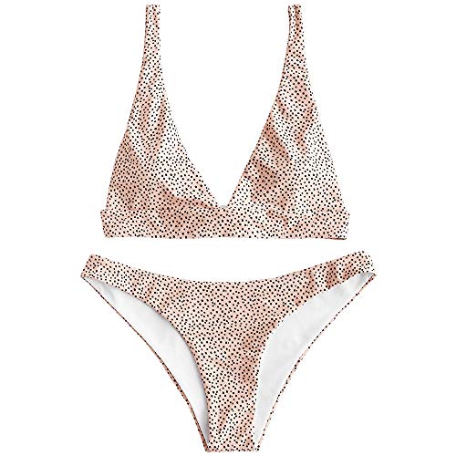 ZAFUL Women s Spaghetti Straps Polka Dot High Cut Two Piece Bikini Set (Deep Peach, L)