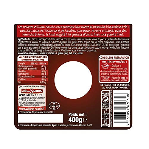 WILLIAM SAURIN Cassoulet De Porc À La Graisse D'Oie En Cocotte - 400G de Pur Délice Français pour les Gourmands Exigeants! - Lot De 3 - Vendu Par Lot