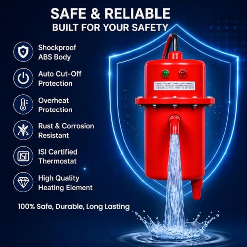 Image of Seltix 1L Instant Water Geyser | Portable Electric Water Heater for Bathroom & Kitchen | ABS Body, Copper Heating Element, Auto Cut-Off, Energy Saving, Wall-Mountable (Red)