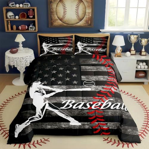 Erosebridal Boys Baseball Comforter Set Vintage American Flag Bedding Twin Size for Adult Girls Kids Ball Games Sports Theme Duvet Set Retro USA Flag Print Quilts Grunge Stripes Star Decor Bedding