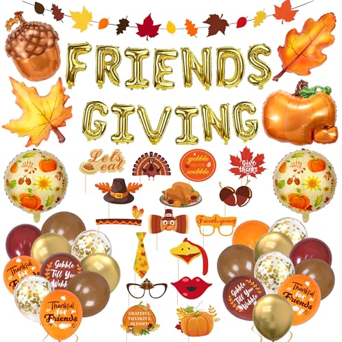 Ouddy Life 74 Pcs Friendsgiving Party Decorations Friendsgiving Foil Banner Maple Leaves Pumpkin Pine Cones Ballons Photo Booth Props for Thanksgiving Fall Autumn Fireplace Wall Party Supplies