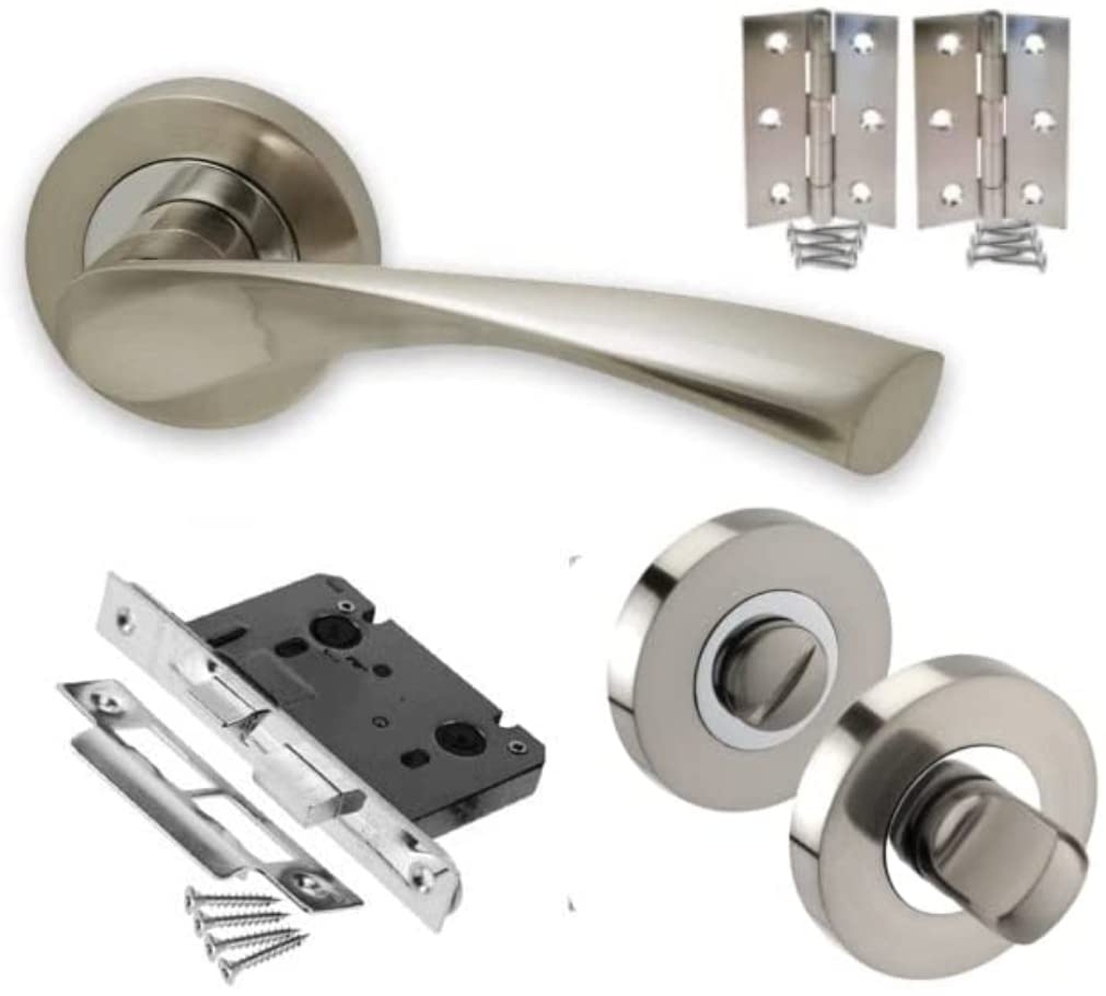 Haven Heritage Satin & Chrome Door Handles Internal Doors, Bedroom Door Handle, Indoor Door Handles, Duo Arched Twist Astrid Interior Lever on Rose Bathroom Lock Set & Thumb Turn, Diameter Approx 51cm