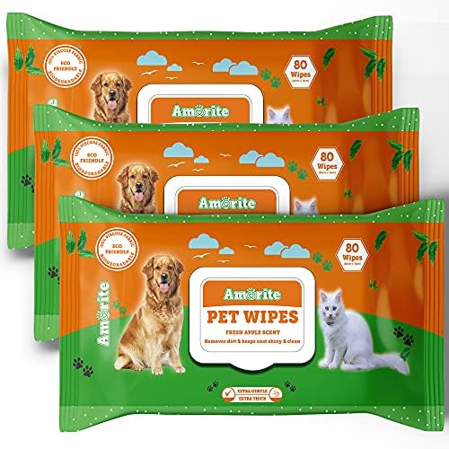 AMORITE Anti-Bacterial 240 Count Pet Wipes with Fresh Apple Scent for Dogs, Puppies & Pets (Pack of 3) Suitable for All Types of Pets' Dry Bathing, Daily Care, Paw Cleaning Wipes