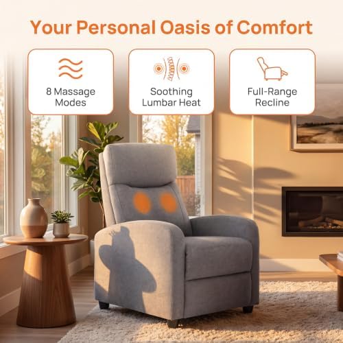 Image of Manual Massage Recliner Chair, Oversized Lazy Boy Reclining Couch Chair with Lumbar Heat & Adjustable Backrest, Single Recliner Sofa for Home Theater Seating, Living Room, Bedroom, Gray