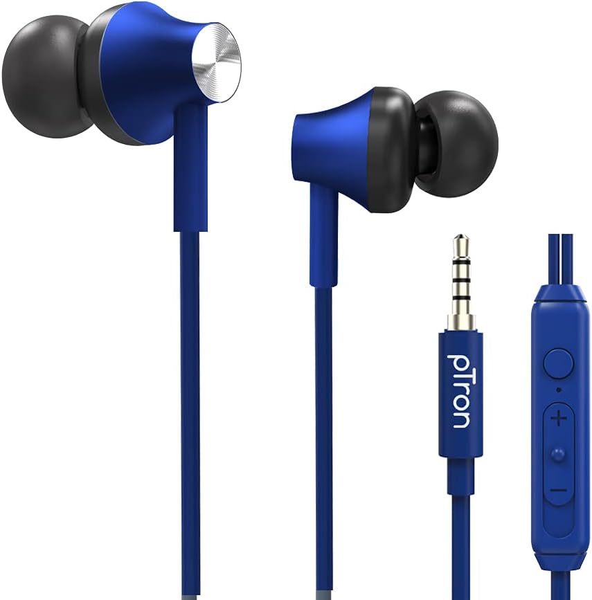 pTron Pride Evo HBE (High Bass Earphones) in-Ear Wired Headphones with in-line Mic, 10mm Powerful Driver for Hi-Fi Audio, Noise Cancelling Headset with 1.2m Tangle-Free Cable & 3.5mm Aux - (Blue)