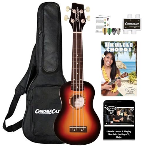 Sawtooth 4-String Sunburst Basswood Soprano Ukulele with Uke Chord Guide, Padded Gig Bag, Picks...