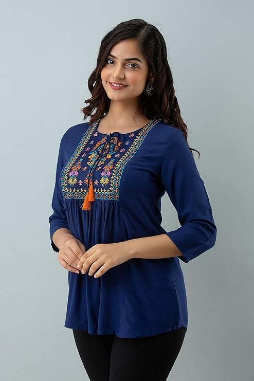 Image of Avayayat Short Kurti for Women | Embroidered Straight Rayon Kurta | Round Neck Full Sleeves Short Kurti for Women's
