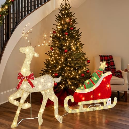 Eambrite Outdoor Christmas Decorations Light up Reindeer Outdoors with Warm White Lights Motion Sensor Music Xmas Decor Christmas Sleigh for Lawn Porch Garden