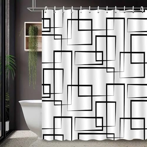Rideau de douche minimaliste à lignes noires et blanches, design géométrique chic - 4