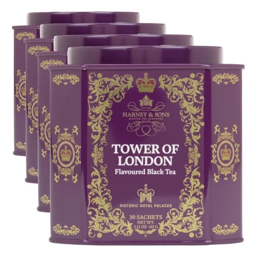 Image of Harney & Sons Tower of London Black Tea with Stone Fruit, Bergamot and Honey Flavors | 30 sachets, Historic Royal Palaces Collection (Tin Design May Vary) (Pack of 4)