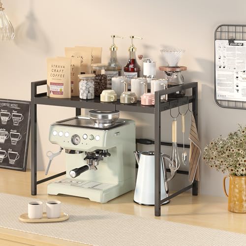 Image of DOLALIKE Microwave Oven Rack, Expandable Microwave Stand Countertop Kitchen Utensils Tableware Storage, Carbon Steel Over Microwave Shelf Countertop with 3 Hooks | Adjustable Microwave Oven Rack Metal Storage Shelf for Pans Small Appliances Kitchen Utensils, 2- Tier
