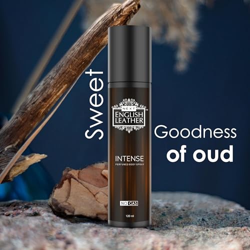 Image of Next Care English Leather Intense Perfume Body Spray for Men & Women - 120 ml | A Bold Fusion of Pepper, Lemon, Agarwood, Rose, Dark Chocolate, Myrrh & Vanilla