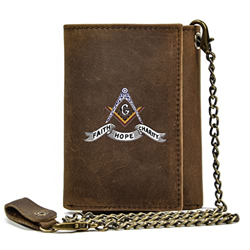 Unique Men's Genuine Leather Trifold Wallets with Chain, Full Grain Leather Handmade Western Rodeo Credit Card Holder Freemasons Slim Vintage Short Purse Luxury Male Gift,Brown,Style 13