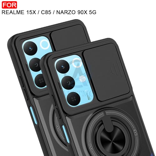 Image of AESTMO Realme 15X / C85 / Narzo 90X 5G Back Cover | Armor Camera Slider 360 Degree Rotating Finger Ring Holder Case with Bracket Stand Back Case Cover (Compatible with MagSafe Accessories) (Black)