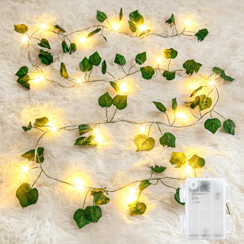 Gcstnn Ivy Fairy Lights 2M 20LEDs Fake Vines with Lights Battery Operated with 6h Timer IP65 Waterproof Ivy Leaf Garland Artificial String Lights for Bedroom Wall Garden Decorations