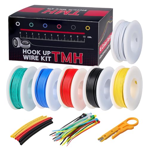 TMH 22 AWG “Solid” Hookup Wire Kit, 6 Color Electrical Wires (30ft Each), Tinned Copper, 300V PVC Insulation – DIY Projects, Automotive, STEM & Electronics Repair