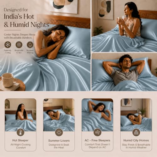 Image of HOMEMONDE 100% Bamboo King Size Flat Bedsheet with 2 Pillow Covers | 300 TC Luxury Cooling Bed Sheet | Ultra Soft, Breathable & Moisture Wicking | (Bahamas Blue, 108x108 Inches)