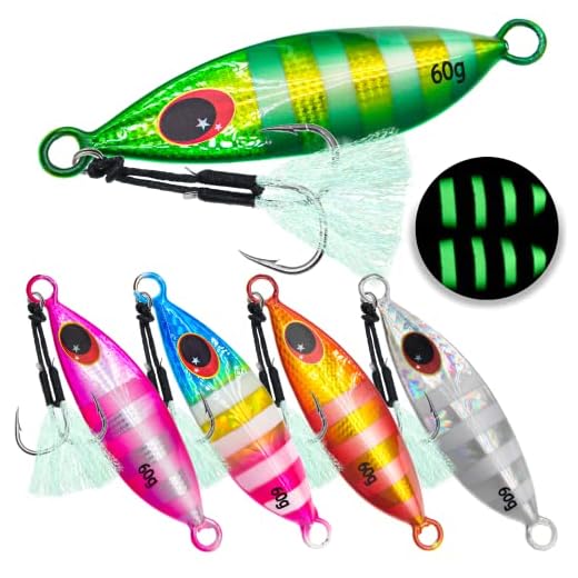 Gefischtter 5pcs Fishing Jigs Vertical Saltwater Jigs Metal Jigging Spoon Slow Sinking Glow Jigging Lure Deep Sea Fishing Lures with Assist Hooks for Tuna,Bass,Dogtooth,Grouper/60g