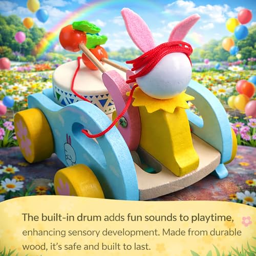 Image of Wooden Rabbit Pull Along Toy with Drum and String - Musical Bunny Car for Toddlers | Montessori Early Learning Activity | Motor Skill & Sensory Development | Birthday Gift | 1-5 Years