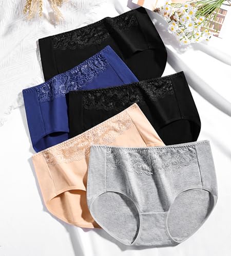 MISSWHO Women's High Waisted Cotton Underwear Soft Breathable Full Coverage Stretch Briefs Ladies Panties 5-Pack4