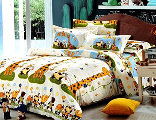 Image of 221TC Kids Glace Cotton Cartoon Giraffe Printed Bedsheet for Double Bed King Size with 2 Pillow Covers (Multicolour, 90x100inch)