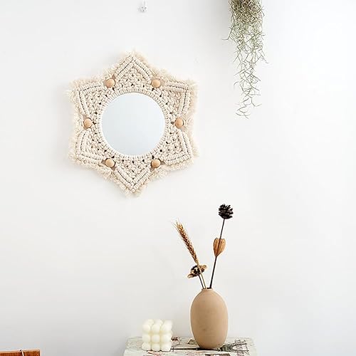 Miniatura 5 de AVCULT Espejo de pared bohemio, espejo de pared colgante con círculo de flecos, espejo colgante redondo, arte bohemio rústico para dormitorio, sala