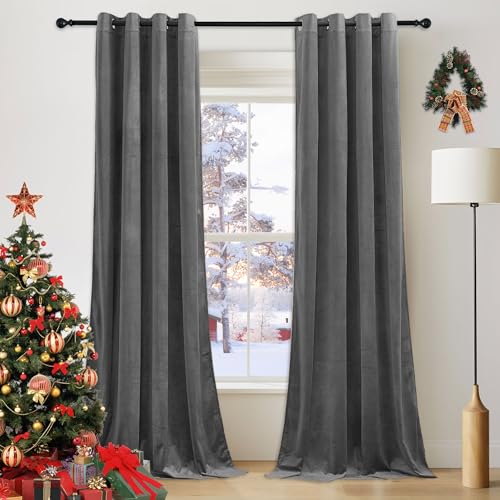 PONY DANCE Dark Grey Velvet Curtains 52x84 Inch - Eyelet Top Thermal Insulated Soundproof Blackout Curtains for Living Room/Bedroom/Patio Door, Luxury Velvet Panels Set of 2