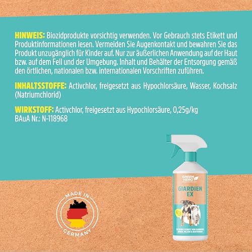 Green Hero Giardien EX Desinfektionsmittel Spray für Hund & Katze 500ml | Hochwirksam gegen Giardien, Bakterien, Viren & Pilzen | Dermatologisch getestet zur Desinfektion von Tieren und Umgebung