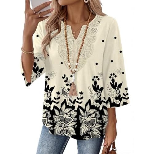 Ivicoer 3/4 Length Sleeve Womens Tops Boho V Neck Lace Shirt Vacation Clothes Trendy Blouses Dressy Casual