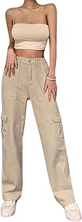 Women High Waisted Cargo Jeans Straight Wide Leg Joggers Sweatpants Casaul Baggy Pants with Pocket Streetwear