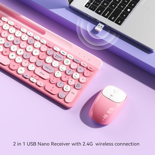 Image of Retro Wireless Keyboard with Round Keycaps, 2.4GHz Full-Size USB Cute Wireless Keyboard Mouse for Computer, Desktop, Laptop and Computer (Pink-Colorful)