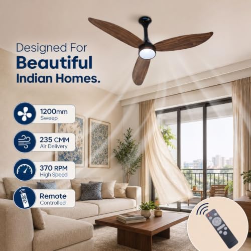 Image of XUGA Ziora F9P 1200mm BLDC Ceiling Fan with Remote & LED Light, 34W Energy Saving Copper Motor, 370 RPM Speed, 235 CMM Air Delivery, 6+ Boost Speed Settings, Wooden Finish Blades, Black Motor Housing