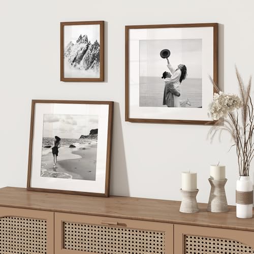 Image of FLYJOE 16x16 Oak Wood Square Picture Frame with Mat for 12x12, 16 by 16 USA-Sourced Natural Solid Wooden Photo Frame for Wall Display, Tempered Glass, Hanging Hardware Included, 1 Pack, Walnut Color