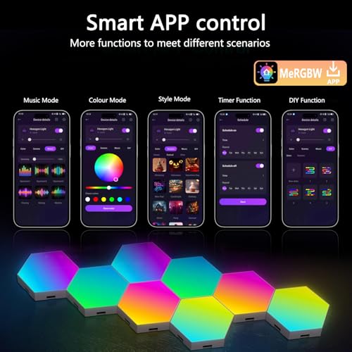 Image of RGB Hexagon Wall Lights, 12 Pack Smart LED Panel Lights with App & Remote, Music Sync, DIY Shapes for Living Room, Bedroom, Gaming Room