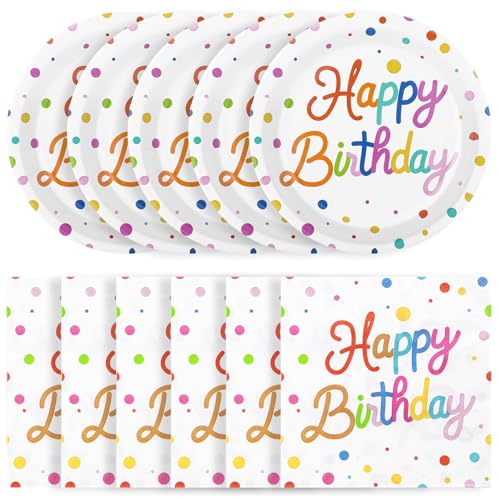 NatNarr 50 Pcs Happy Birthday Paper Plates and Napkins 7 Inch Colorful Polka Dot Birthday Cake Dessert Plates Disposable Tableware Set for Birthdays Party Decorations 25 Guests