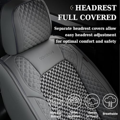Image of Coverado Car Seat Covers Full Set: Breathable Leather Seat Covers for Front & Rear Seats, Waterproof Car Seat Protector, Universal Fit for Most Cars SUVs Trucks, Gray