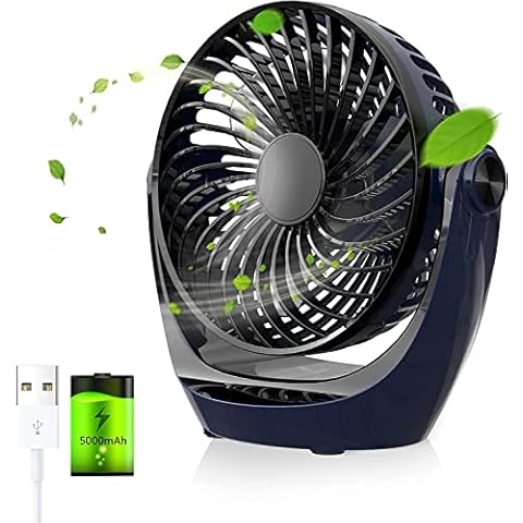 AUOKAI USB Desk Fan, Small Desktop Table Cooling Fan with 4000mAh Rechargeable Battery, 5 Speeds Portable Personal Fan, 360° Rotatable Strong Wind Quiet Mini Fan For Office Bedroom Home Camping, Blue Cover