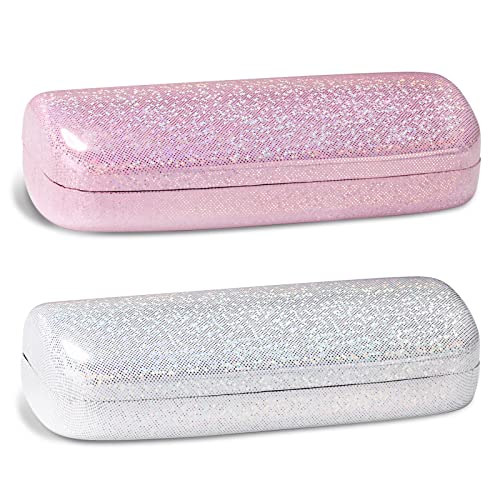 molshine 2 pièces étui à lunettes à coque dure à paillettes, étui à lunettes éblouissant portable pour femmes hommes fille voyage étude travail (Blanc&Rose) Cover