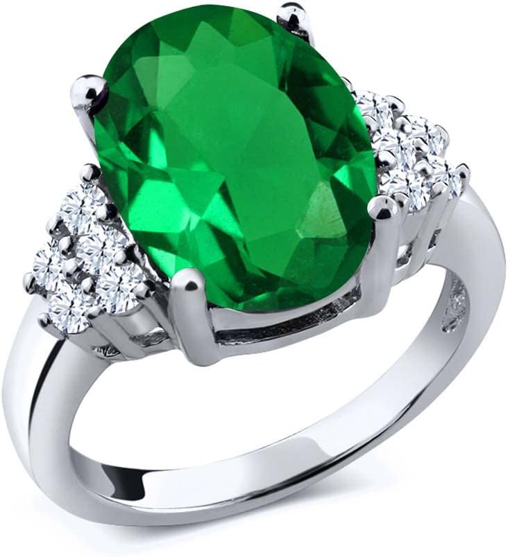Gem Stone King 6.12 Cttw Green Simulated Emerald and White Created Sapphire Ring for Women | 925 Sterling Silver | Oval 14X10MM