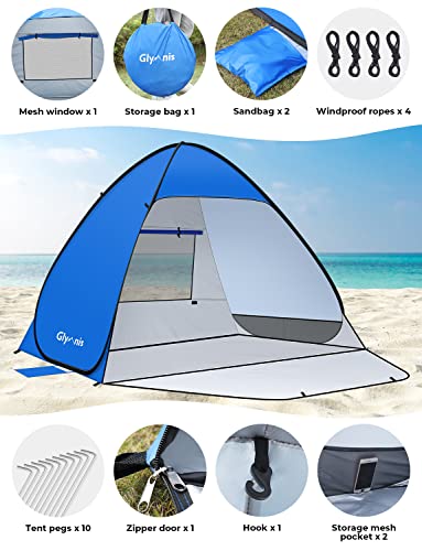 Glymnis Pop Up Beach Tent Small for 1-2 Person/Large for 3-4 Person, UV Protection Beach Sun Shelter with Zipper Porch, Portable Sun Shade Tent for Beach, Garden, Picnic - Image 9