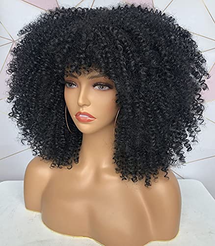 Curlcoo Short Curly Afro Wigs With Bangs For Black Women Kinky Curly Hair Wig Afro Synthetic Heat Resistant Full Wigs 14 Inch（Black） #TOP21