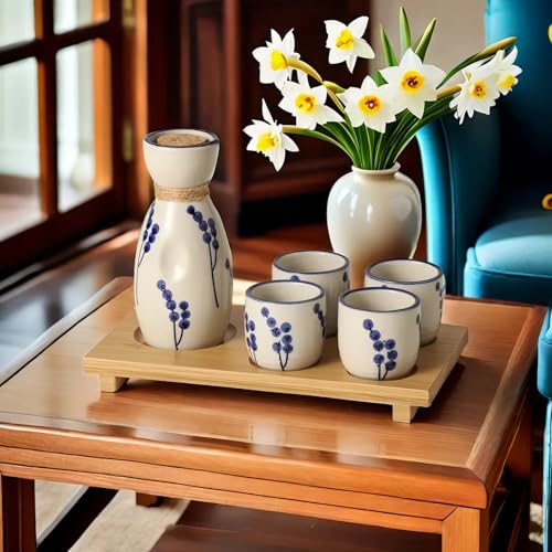 Mocerakai Ceramic Sake Set 5pcs Japanese Traditional Sake Set with 1 Sake Pot 4 Sake Cups Japanese Saki Cup Tokkuri Bottle Ochoko Carafe Soju Home Decoration Gift with Serving Bamboo Tray Dandelion