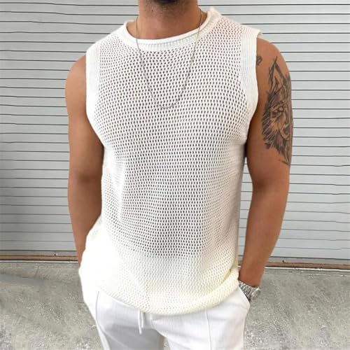 Men Casual Knitting Tank Tops Summer Sexy Transparent Beach Vest Sleeveless Hollow Out Sweater2