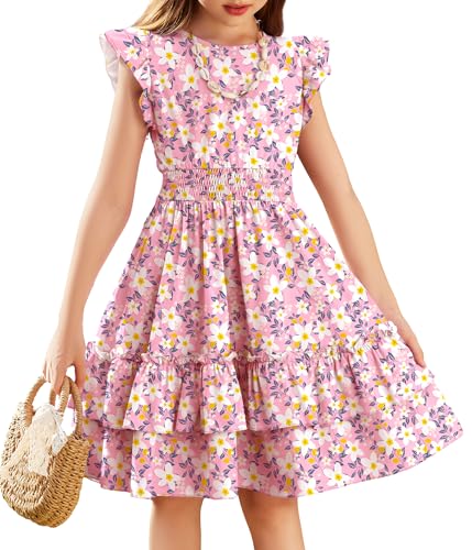 Image of Arshiner Girls Dresses Flutter Sleeve A-Line Sundress Casual Summer Tiered Swing Midi Pocket Dress