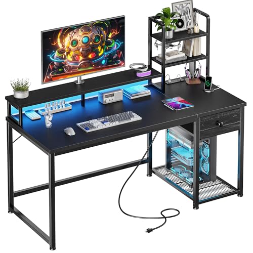 Image of 44 Inch Gaming Desk with Hutch and Drawers,Reversible Computer Desk with Monitor Shelf,Home Office Desks with USB Power Outlets and Storage,Pc Small Gaming Desk for Office with LED Lights,Black