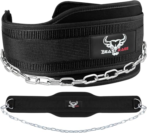 BEAST RAGE Cintura per sollevamento pesi con resistente 36 pollici regolabile Immersione catena in acciaio imbottita in neoprene cintura da palestra supporto schiena uomo donna fitness (Nero)